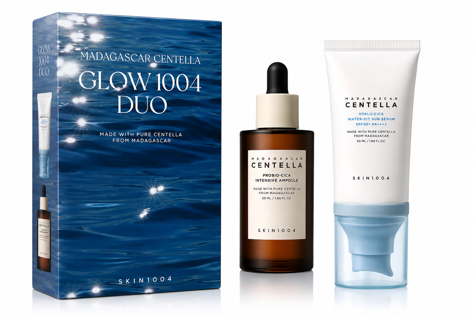 SKIN1004 Madagascar Centella Glow 1004 Duo Set (Probio-Cica Intensive Ampoule 50ml + Hyalu-Cica Water-Fit Sun Serum SPF50+ PA++++ 50ml)